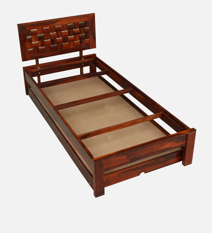 Image of Solid Sheesham Wood Woodora Single Size Trundle Bed with 1 Extra Pullout Bed | Wooden Single Bed Cot Palang Furniture for Bedroom Living Room Home and Hotel (Honey Oak Finish)