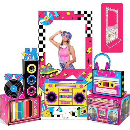 9Pcs 80s 90s Party Decorations Supplies 80s Photo Booth Props Backdrop Kit with Retro Radio Boombox Boxes Vintage 90s Photo Backdrop Hip Hop Music Theme Accessories for Boys Girls Birthday Decor