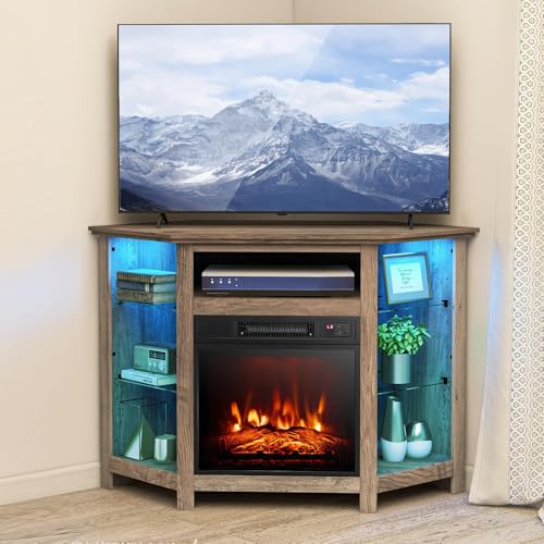 SIMOE Electric Fireplace Corner TV Stand for TVs Up to 50 Inches Modern Fireplace Entertainment Center with 16-Color LED Lights Remote and Smart APP Control Adjustable Shelves Grey