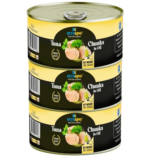 Image of Octoking Light Meat Tuna Chunks in Oil 185g (Pack of 3) | Premium Canned Tuna Fish | High Protein Ready-to-Eat | Rich in Omega-3 | High Protein Seafood | Ideal for Sandwiches, Salads, Pasta & Meals