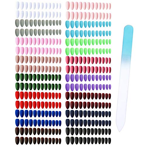 Umillars 384pc Matte Pure Color Stiletto False Nails Artificial Fake nails Full Cover Fingernails 16 Colors & 12 Sizes Nail Tips Kit with One Crystal Nail File for Nail Art Salon DIY Decoration