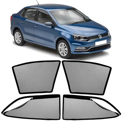 Image of AutoStory Magnetic Car Sunshade for Ameo | Front Half Cut for Mirror Visibility + Rear Full Coverage with Zipper | Heavy Heat & UV Protection | Privacy Side Window Curtains Shades