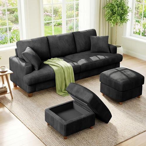 Image of Kidirect 87in U Shaped Couch, Modular Sofa No Tool Assembly, Comfy Sectional Couches for Living Room 21in Deeper Seats, Corduroy Sofas for Living Room with 2 Pillows, Loveseat Sofa Set, Black Couch