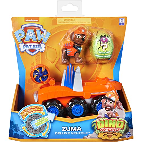 PATRULLA CANINA - COCHE DELUXE DINO RESCUE CON ACELERACIÓN + FIGURA ZUMA - Coche Patrulla Canina Zuma Dino Rescue con 1 Figura de Dinosaurio Misteriosa - 6059524 - Juguetes Niños 3 Años +