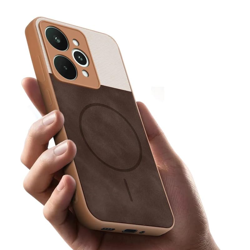 Image of Bintage case Dual-Leather Macc-Safe Design Phone Case| Soft Touch Finish | Full Camera Protectection Back Cover Compatible for Realme RMX5106 /Realme 15 5G - White & Choco Brown