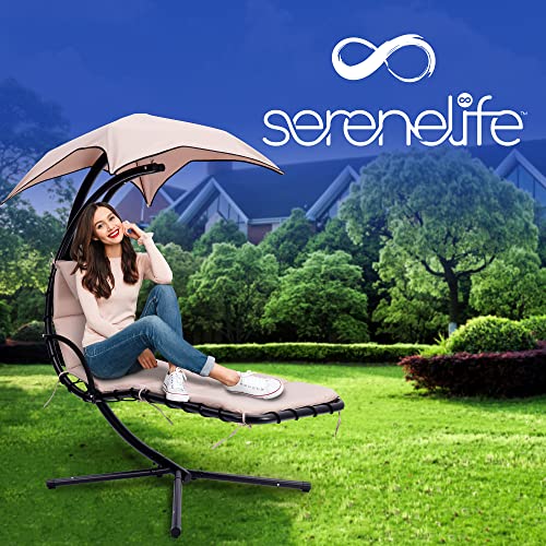 Outdoor Hanging Curved Steel Chaise Lounge Swing Chair W/A Built-In Pillow And Removable Canopy Uv Protection And Foam Covered Armrest #TOP6