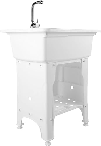 Lemoeyes Fregadero de lavandería independiente, fregadero de plástico con lavadero, bañera de lavandería, manguera de grifo de agua fría y caliente,