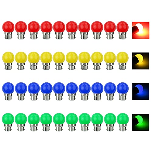 V-TOO 40 Pack Coloured Light Bulb B22 Bayonet LED Bulbs 3W Multi Colour LED Light Bulbs Mood Ambiance Lighting for Home Decoration Party Patio Christmas Effect Lights Coloured Red Yellow Blue Green