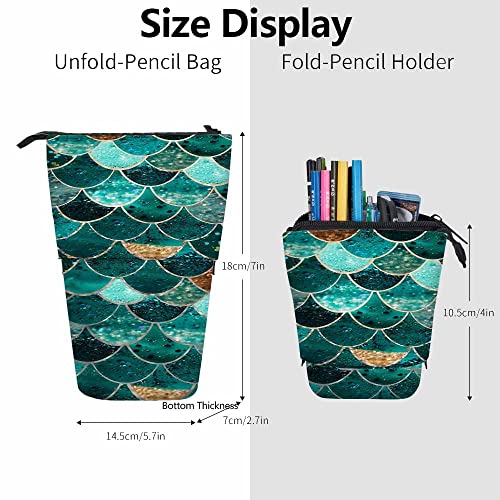 Image of Swono Mermaid Scale Pencil Holder Beautiful Fish Scale Teal Stand Up Pencil Case Organizer Pencil Pouch Makeup Bag Gift