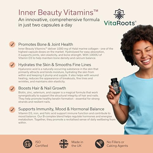 Inner Beauty Vitamins™ with Halal Marine Collagen, Biotin, Hyaluronic Acid & Vitamin D3 | All-in-One Hair, Skin & Nails Supplement | Women & Men | Clean, Ethical Formula | New & Improved by Vitaroots® - Image 3
