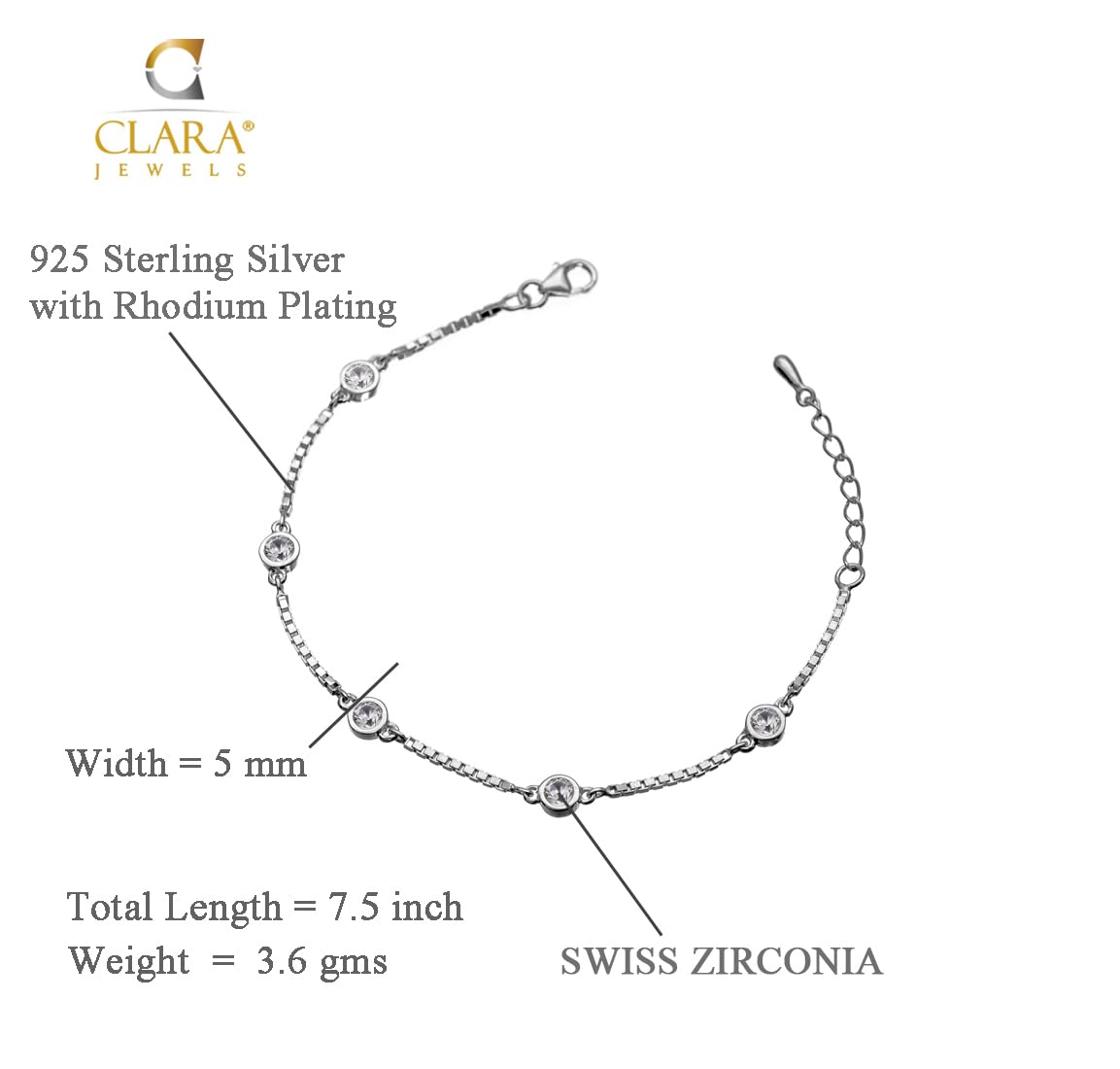 Clara Made with Swiss Zirconia 925 Sterling Silver Grazia Solitaire Bracelet Gift for Women and Girls 3