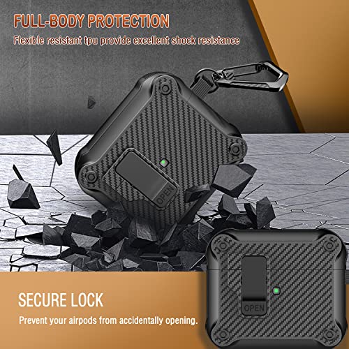 R-Fun Airpods 3Rd Generation Case With Automatic Secure Lock Clip, Armor Protective Hard Tpu Case Cover For Apple Airpods 3 2021 Charging Case With Carbon Fiber Keychain-Black #TOP3