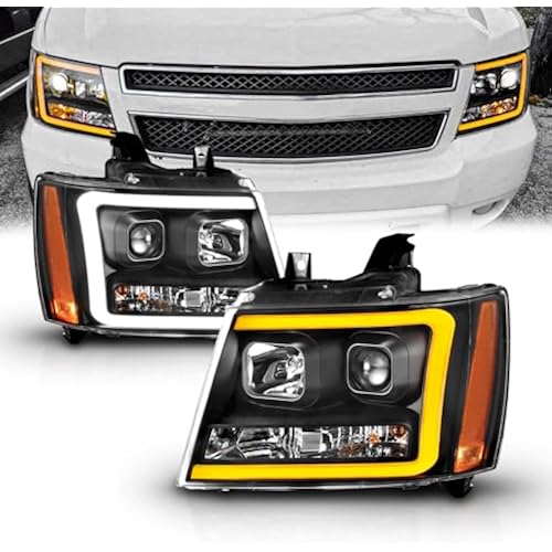 AmeriLite for 2007-2013 Chevy Avalanche/Suburban/Tahoe Switchback LED Tube Turn Siganl Projector Black Replacement Headlights Pair - Passenger and Driver Side