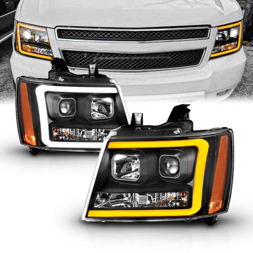AmeriLite for 2007-2013 Chevy Avalanche/Suburban/Tahoe Switchback LED Tube Turn Siganl Projector Black Replacement Headlights Pair - Passenger and Driver Side