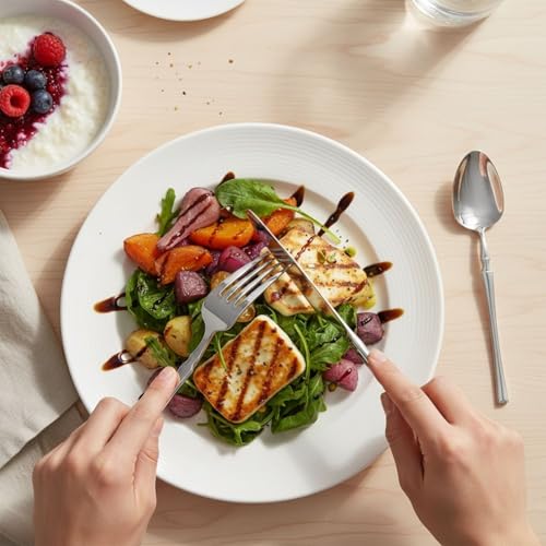 Image of 5 Pcs Silver Cutlery Set for Dining Table the Perfect Lightweight Silim Handle Tableware Including Dinner Spoon, Dinner Fork, Dinner Knife, Dessert Spoon & Dessert Fork