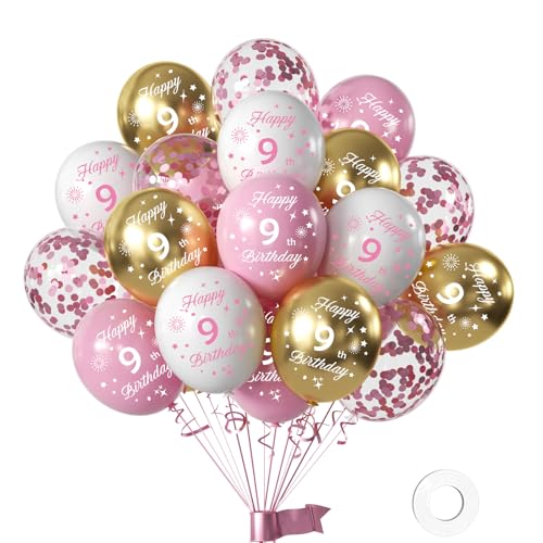 TWICEJIES 16 globos de confeti rosa dorado para niñas de fiesta de cumpleaños número 9, globos de cumpleaños de 12 pulgadas para niñas rosas, suministros de decoración de fiesta temática de princesas