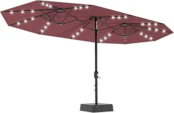 15FT Large Patio Umbrella with Base and Solar Lights, Double-Sided Rectangle Umbrella Oversized Shade for 8-10 People,36 LED Lights and Weighted Base for Pool, Deck, Backyard