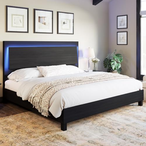 Rustic King Bed Frame with LED Lights, Wooden Slats Support, Black - Ideal for AMERLIFE Audience