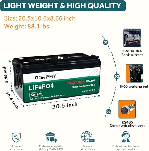 Image of OGRPHY 48V 100AH Lithium Battery for Golf Cart with 18A Charger, 48V Lithium Battery with 200A BMS, Touch LCD Monitor, 5.12kWh with 10.24kW Output, 1000A Peak Current for Golf Cart(51.2V 100AH)