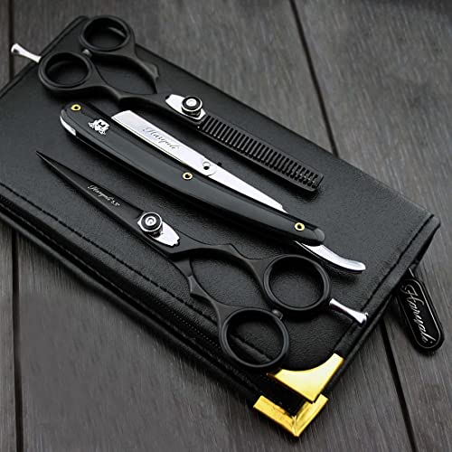 Barber/Professional Style Hair Cutting,Thinning Scissors Shears Set With Shavette Men's Shaving Razor In Stainless Steel. Comes with The Leather Pouch.