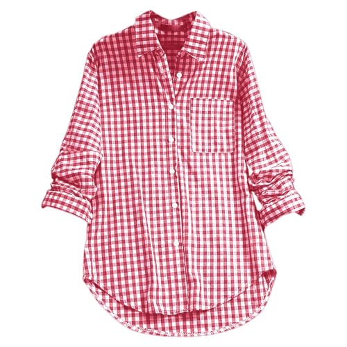 2025 Camisa casual de mujer con cuello a cuadros de manga larga estilo retro para abotonar Blusa de manga corta para mujer, rojo, XL
