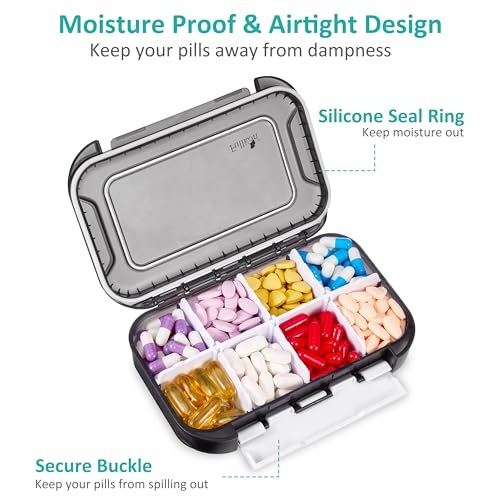 Image of Fullicon Moisture Proof Pill Organizer, 8 Compartment Travel Case, Black