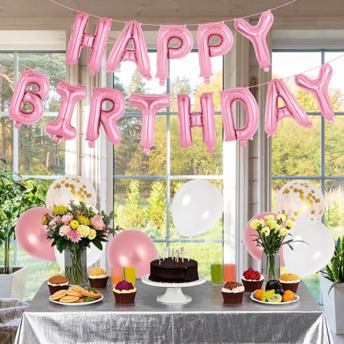 Image of 65 Pcs Pink Happy Birthday Balloons, 2 Sets A-Z Pink Letters Foil Balloons,16 Inch Personalized Name Happy Birthday Banners for Wedding Baby Shower Anniversary Party Decorations