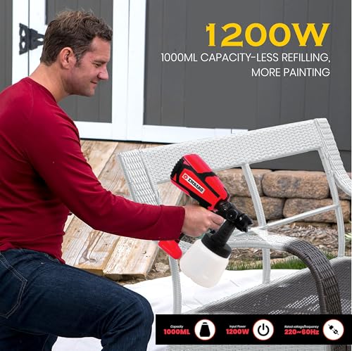Image of 1200W Electric Paint Sprayer with 1000ml Container, HVLP Spray Gun, 2.5mm Brass Nozzle, 2M Cable & VDE Plug, High Power Paint Sprayer for Walls, Furniture, Wood, Metal, Fence DIY(EM-PS-123)
