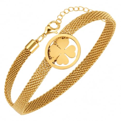 Image of Gold Tone Four Leaf Clover Charm Bracelet for Women | Adjustable Mesh Chain Wrist Bracelet | Bracelet for Girls & Women | Lucky Clover Design Jewelry Gift
