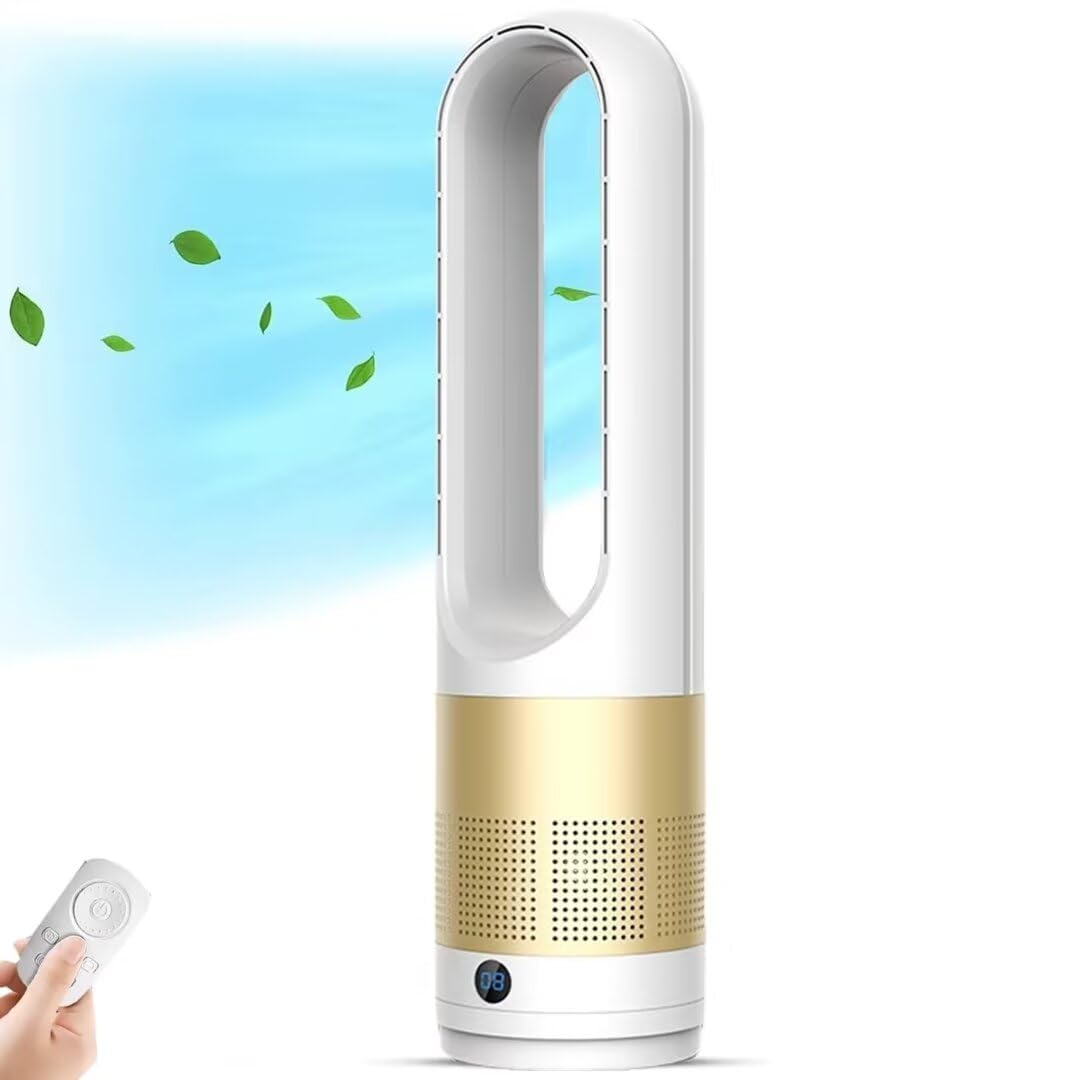 Ventilador Torre circulación Aire frío Caliente Control Remoto Pantalla LED oscilación 80°Temporizador 8 Horas velocidades sin aspas Ideal Dormitorio Cocina Oficina.