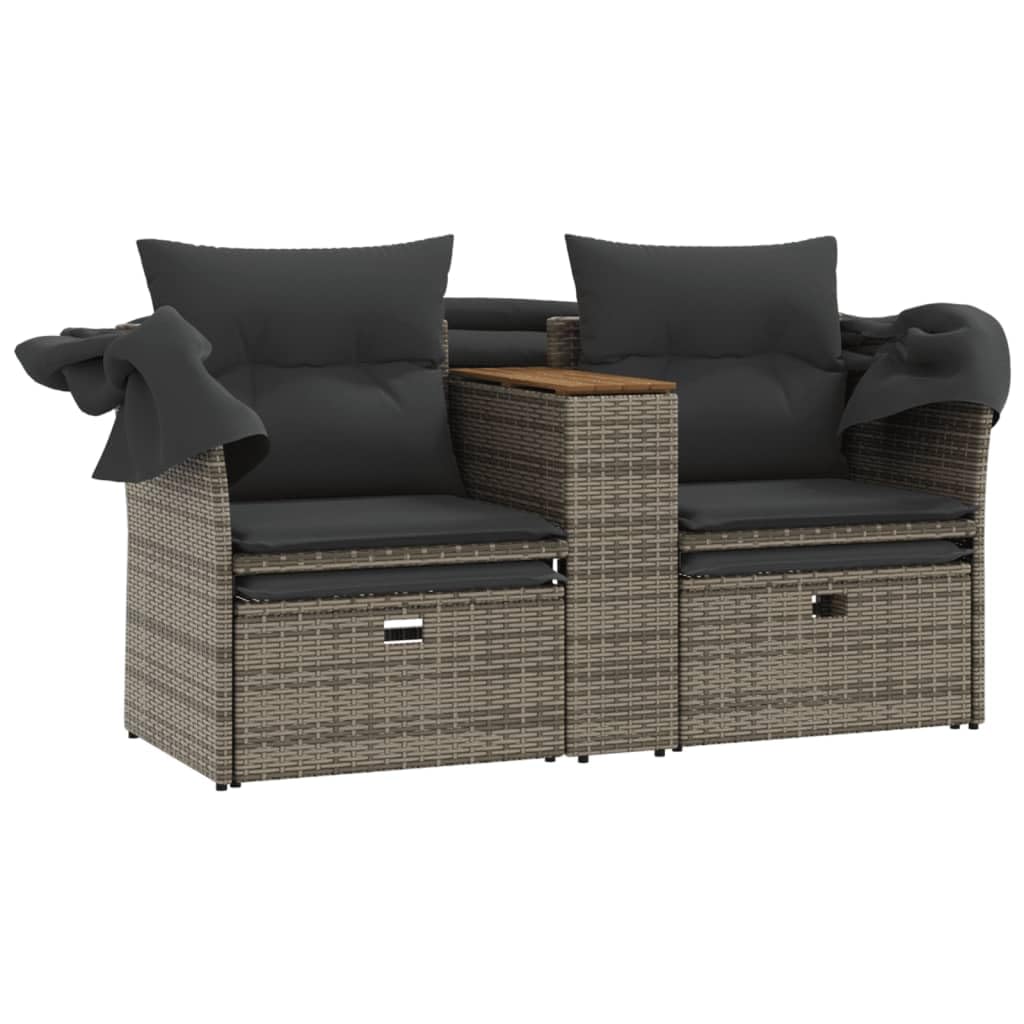 Divano da Giardino 2 Posti in Rattan con Tettuccio e 2 Poggiapiedi | Set modulare da esterno per terrazzo e giardino con tavolino integrato, cuscini sfoderabili e pouf salvaspazio.