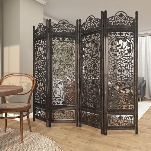 Image of Classic Wood and Craft Wooden Room Divider Partition for Living Room, Privacy Partition, Partition Wall, Divider for Makeup Studio /Office (4 Panels - Lotus Frame Design)