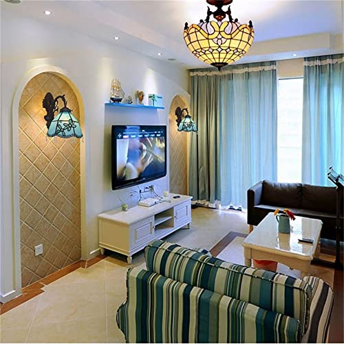 Anuomy Tiffany Wall Sconce Lighting Wall Decor Set Of 2,Battery Operated Remote Led Wall Lights Indoor Wireless Wall Lamp Art Green Glass Wall Light Fixture For Bedroom Bathroom Hallway Hall Vanity Li #TOP2