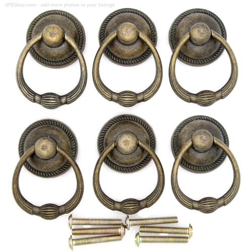 LXZ 6 PCs Vintage Antique Brass Drop Ring Pulls -Drawer Ring Handles – Ring Pull with Single Mounting Hole - Large Size, Ring Size 1.4-in (3.6 cm), Pull Height 2.1-in (5.4 cm)