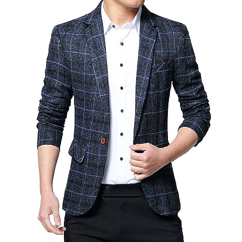 Mens Plaid Blazer Long Sleeve 1 Button Suit Jacket Slim Fit Business Events Formal Dinners Dress Coat with Pockets Plus Size