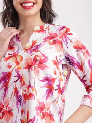 Image of FableStreet Women Shirt Work & Casual | Relaxed Fit Mandarin V-Neck Three-Quarter Sleeves Solid Pattern | Breathable Woven Fabric for Office & Everyday Wear