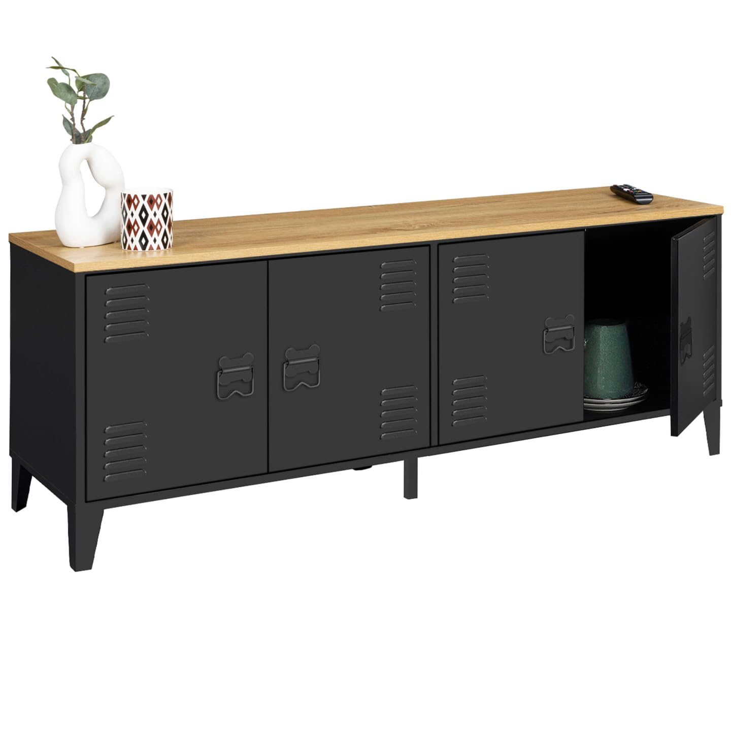 IDMarket - Aparador bajo ESTER 140 cm con 4 puertas de metal negro y tablero de madera de diseño industrial