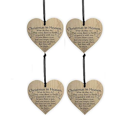 ANLEMIN Christmas Wooden Hanging Ornaments Heart Shaped Christmas in Heaven Wall Hanging Decorations Xmas Tree Craft Commemorative Tag with Rope (4PCS) Cover