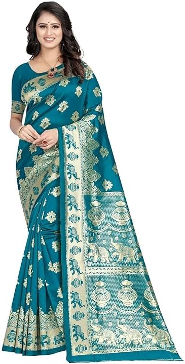 Women's Pure Soft Kanjivaram Silk Saree Banarasi Design Style With Blouse Piece for Women Partywear/wedding gift Diwali Gift item Indian saree Pack Of 1(Peacock Blue)