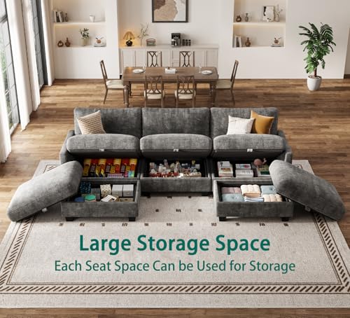 Image of Modular Sectional Sofa, 101 inch U Shaped Couch with Storage | High Resilience Foam, 22 inch Seat Depth, Movable Ottoman, Comfy Chenille, Easy Assembly, Dark Gray