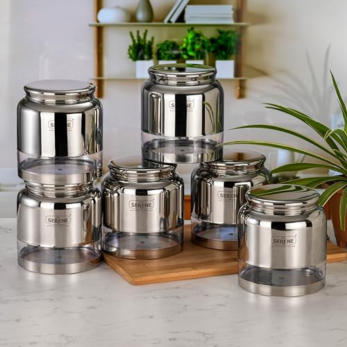 Image of Serene Stainless Steel Exotic See-Through Jar | Airtight Jars for Kitchen Storage | Premium Steel Jars with One Turn Lock Lid | Transparent Stainless Steel Containers | 2000ML | 6 PC