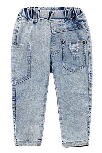 KIDSCOOL SPACE Baby Toddler Kids Ripped Holes Elastic Waist Band Denim Jeans Pants,Blue,5-6 Years