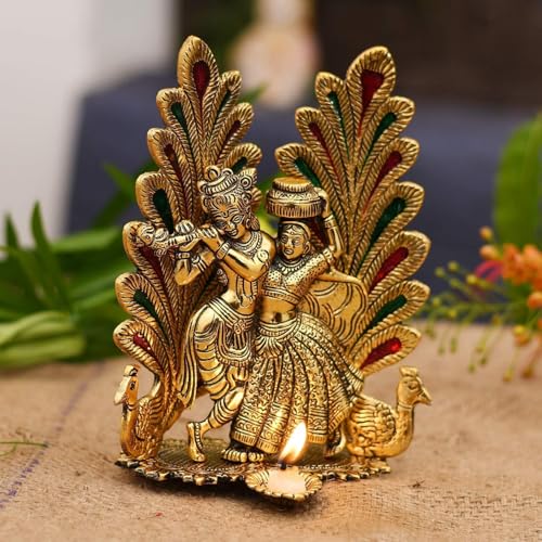 Image of Brass Finish Metal Statue of Lord Krishna and Radha with Peacock, Traditional Indian Decor with Intricate Detailing for Home & Office 7-Inch Decorative Idol for Spiritual, Cultural.