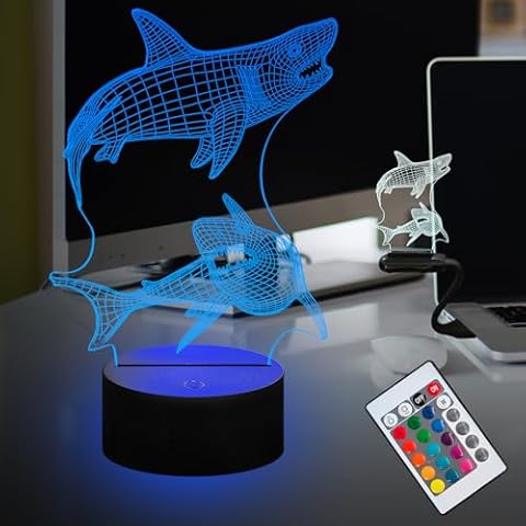 Laysinly 3D Night Light Shark Ocean Fish Illusion Anime Remote 16 Colors Smart Touch 7 Color Change Dimming USB Base Portable Christmas for Kids Cover