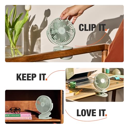 Image of Orient Electric Orbis Rechargeable Personal Fan | 360 Rotation | 1800 mAh Battery | 4 Speed Modes with Timer | Quiet Operation | USB Type-C Charging | Clip-On Mini Fan | Matcha Green