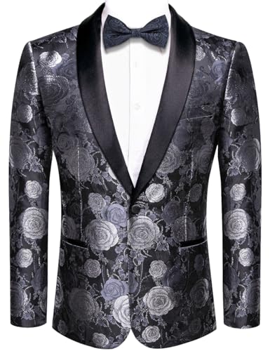 Hi-Tie Men Suit Blazer Shawl Lapel One Button Floral Blazer for Men Dinner Party Regular Fit Long Sleeve,Black Silver Rose Flower,2X-Large