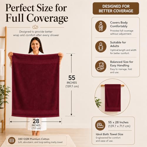 Image of 100% Pure Cotton Bath Towel for Men & Women | 380 GSM Ultra Soft, Highly Absorbent & Quick Dry Bath Towel | Large 55 x 28 Inch Matty Terry Towel for Bathroom, Gym, Travel & Daily Use | Wine