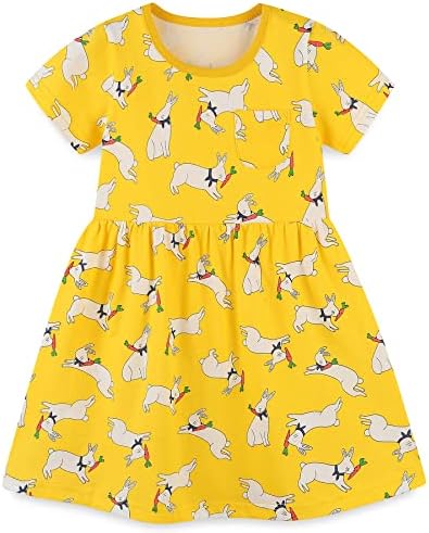 Bumeex Toddler Girl Clothes Cotton Casual Cartoon Print Short Sleeve Dress Girls Sundress 1-7 Years