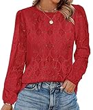 Going Out Tops for Women Christmas Valentine's Shirts Date Night Outfits Long Sleeve Crochet Blouses Dressy Casual Fall Clothes Red XL