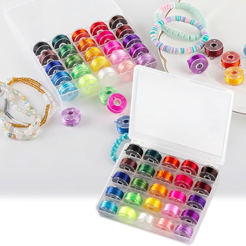 Pack de 25 bobinas de hilo elástico en colores surtidos para máquina de coser, con caja de almacenamiento para joyería y manualidades miniatura 2